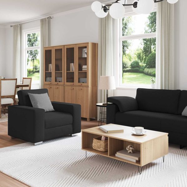 Диван 3 pcs Черно 219 x 80 x 82 см Ленена смесена тъкан