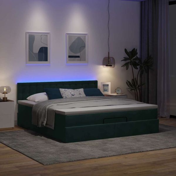 Османска легло с матрак и LED, тъмнозелено, 160x200 см, кадифе