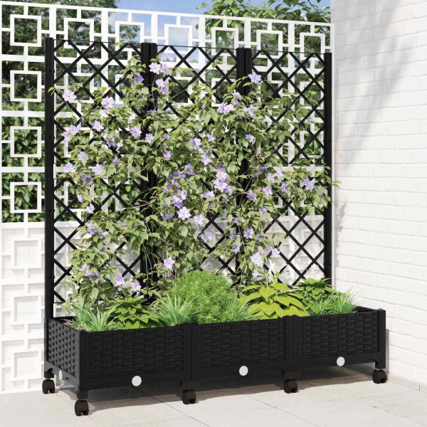 Градински сандък с решетка и колела Черно 120 x 40 x 131,5 см