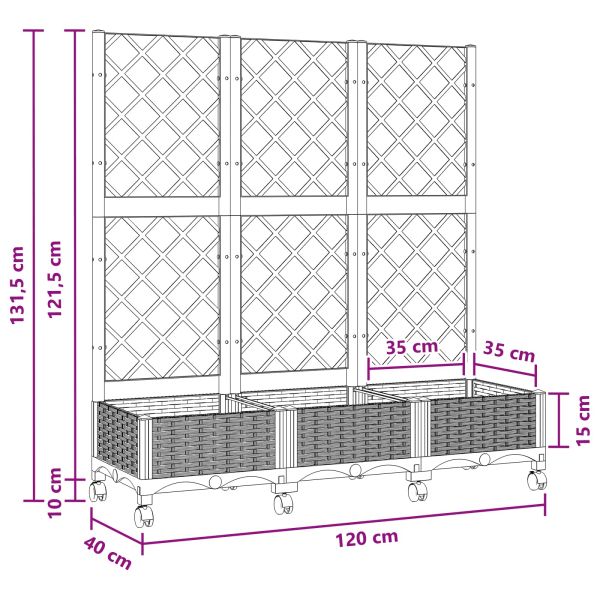 Градински сандък с решетка и колела Черно 120 x 40 x 131,5 см