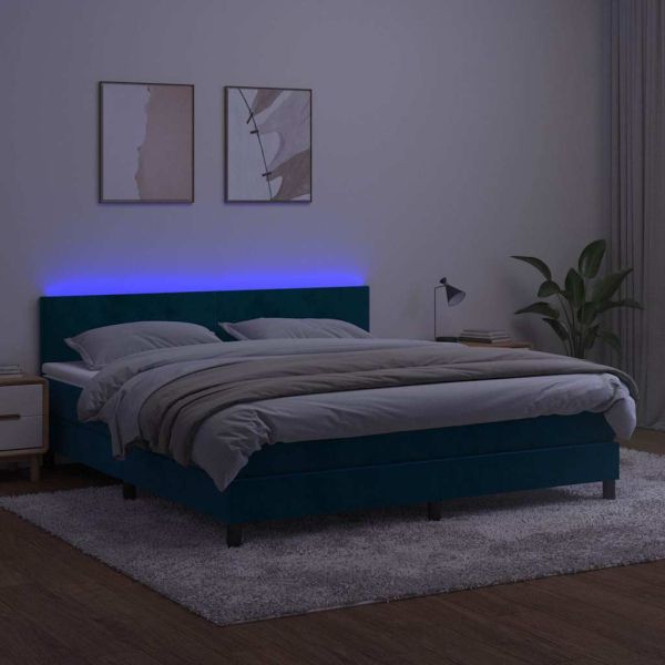 Боксспринг легло с матрак и LED, тъмносиньо, 160x200 см, кадифе