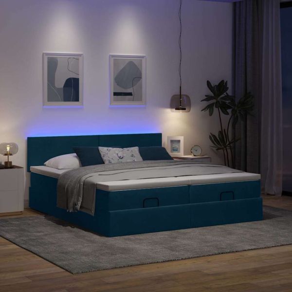 Османска легло с матраци и LED, тъмносиньо, 160x200 см, кадифе