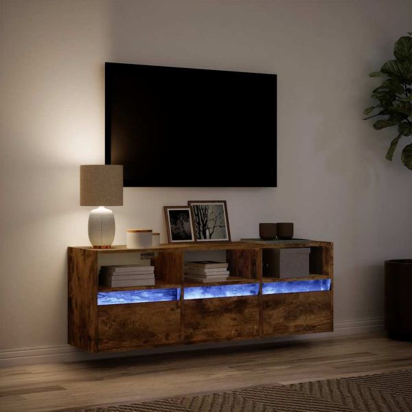 Стенен ТВ шкаф с LED осветление, опушен дъб, 130x31x45 см