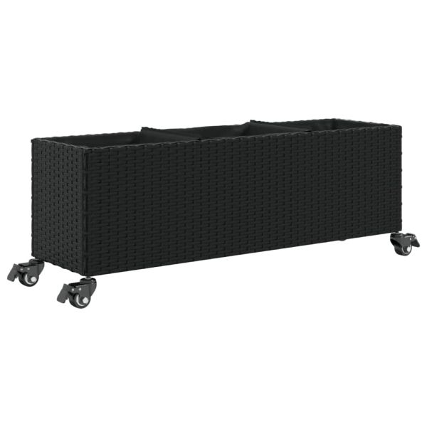 Външен плантер с колела и 3 саксии черен 107x32x38 см полиратан