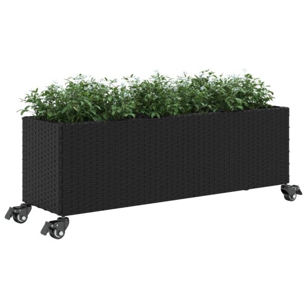 Външен плантер с колела и 3 саксии черен 107x32x38 см полиратан