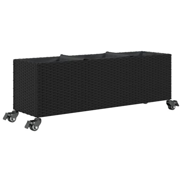 Външен плантер с колела и 3 саксии черен 107x32x38 см полиратан