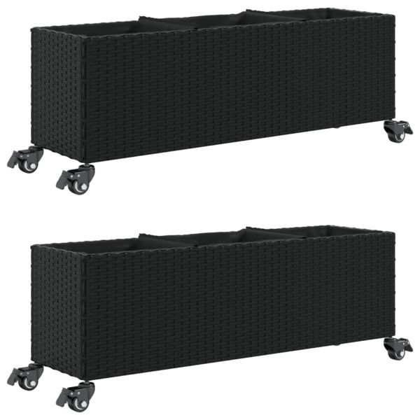 Градински кашпи с колела 2 бр черни 107x32x38 см полиратан