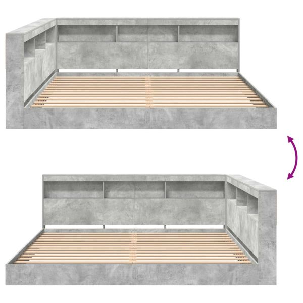 Легло с библиотека Бетонно сиво 180 x 200 cm Инженерно дърво