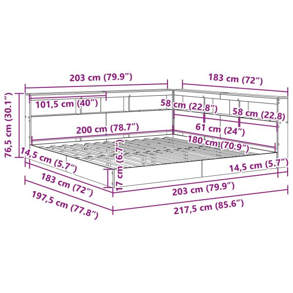 Легло с библиотека Бетонно сиво 180 x 200 cm Инженерно дърво