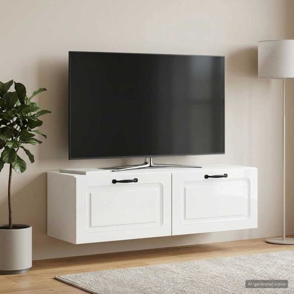 Стенно монтиран ТВ шкаф Бял гланц 98 x 31 x 30 см