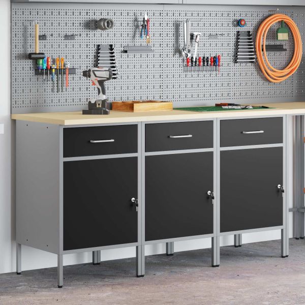 Работен кабинет с чекмедже 3 pcs Черен и Сив 150 x 55 x 85 см