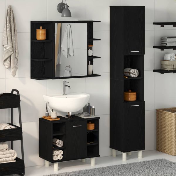 Комплект мебели за баня с рафт 3 pcs Черно 30 x 30 x 179,5 см