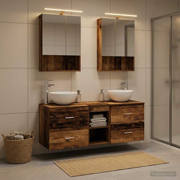 Комплект мебели за баня 5 pcs Старо дърво