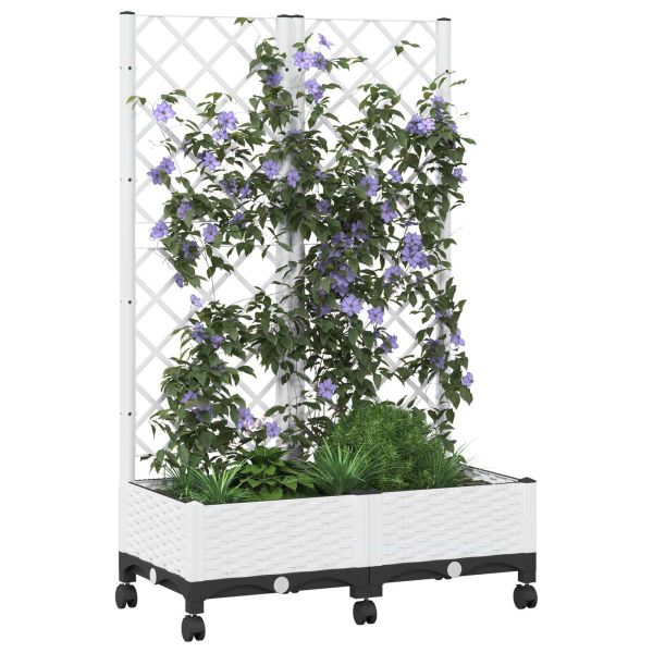 Градински сандък с решетка и колела Бяло 80 x 40 x 131,5 см ПП