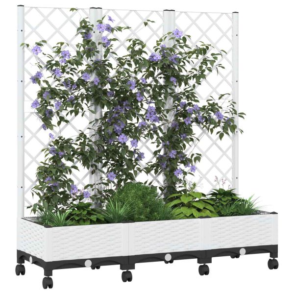 Градински сандък с решетка и колела Бяло 120 x 40 x 131,5 см ПП