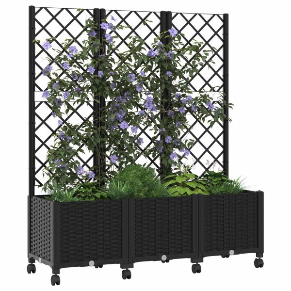 Градински сандък с решетка и колела Черно 120 x 40 x 146 см ПП