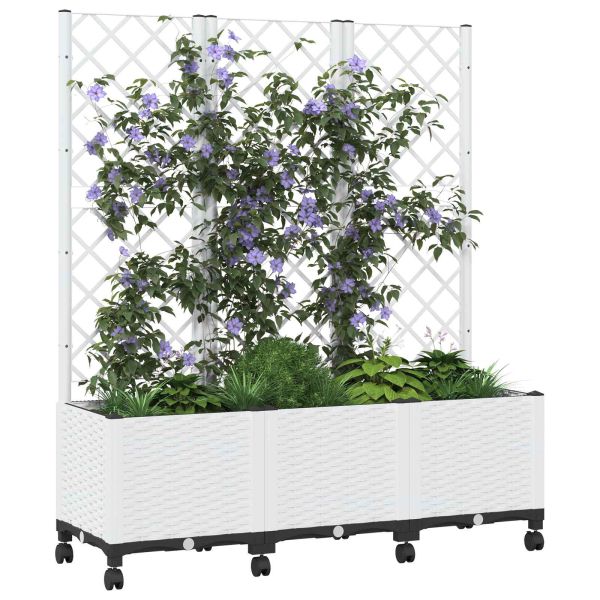 Градински сандък с решетка и колела Бяло 120 x 40 x 146 см ПП