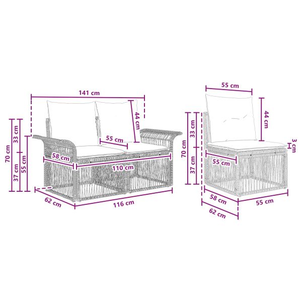 Градински Софа Комплект 3 pcs Черно полиратан