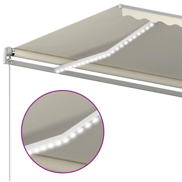 Ръчно прибиращ се сенник с LED, 500x300 см, кремав