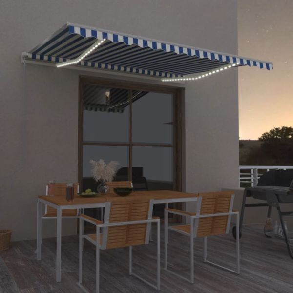 Ръчно прибиращ се сенник с LED, 450x350 см, синьо и бяло