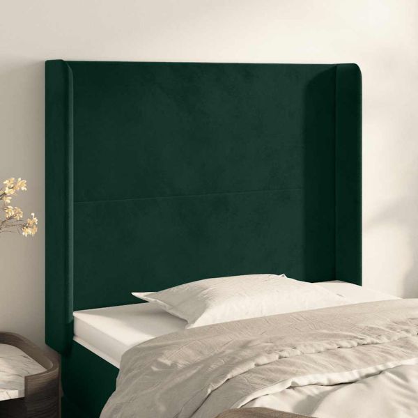 Горна табла за легло с уши, тъмнозелена,93x16x118/128см, кадифе