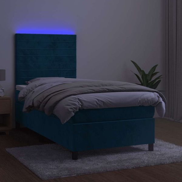 Боксспринг легло с матрак и LED, тъмносиньо, 80x200 см, кадифе