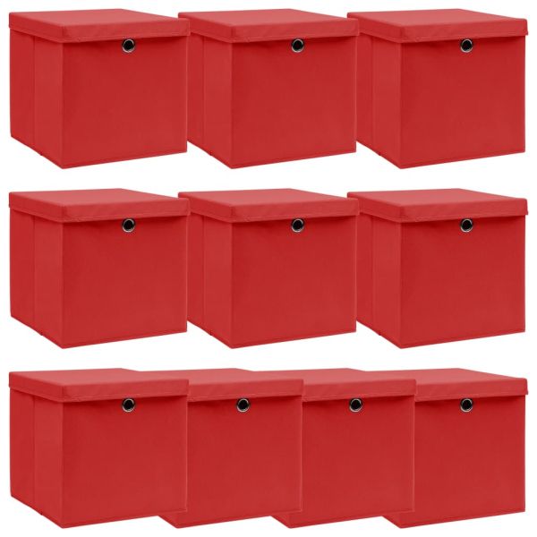 Кутии за съхранение с капаци 10 бр червени 32x32x32 см плат