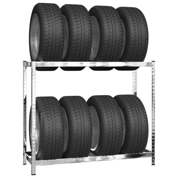 Стелажи за гуми с 2 рафта 4 бр сребристи 110x40x110 см стомана