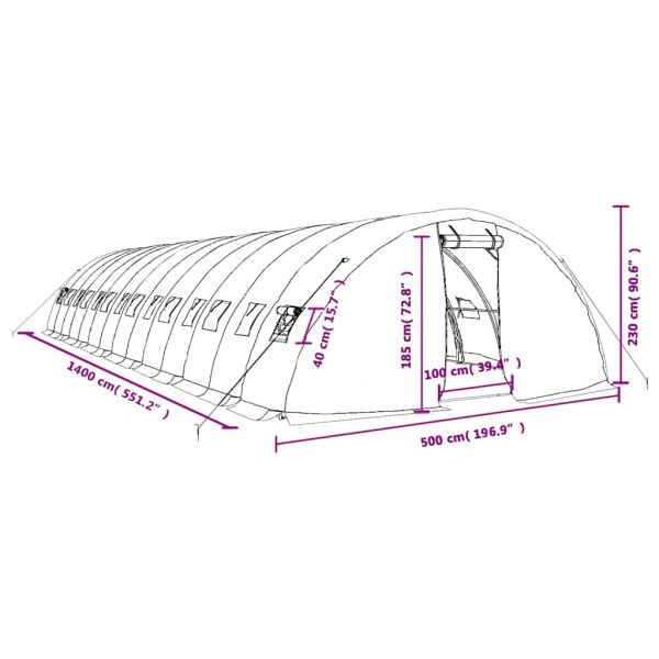 Оранжерия със стоманена рамка зелена 70 м² 14x5x2,3 м