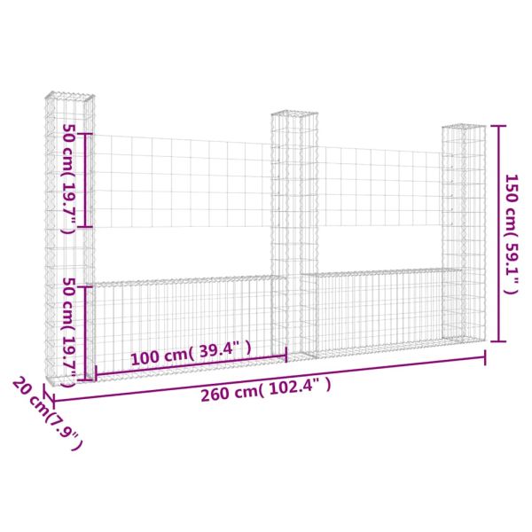U-образна габионна кошница с 3 стълба, желязо, 260x20x150 см