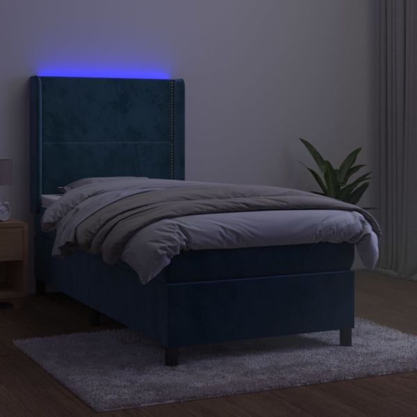 Боксспринг легло с матрак и LED, тъмносиньо, 80x200 см, кадифе