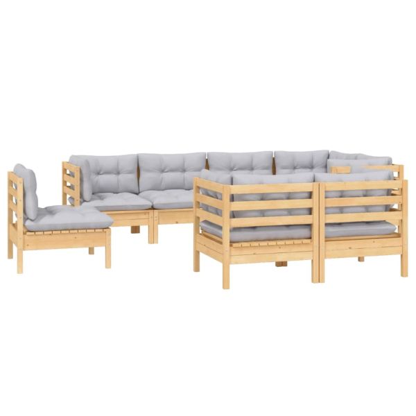 Градински лаундж комплект сиви възглавници 8 части бор масив