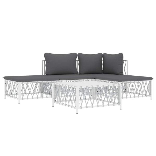Градински лаундж комплект 5 части с възглавници бял стомана