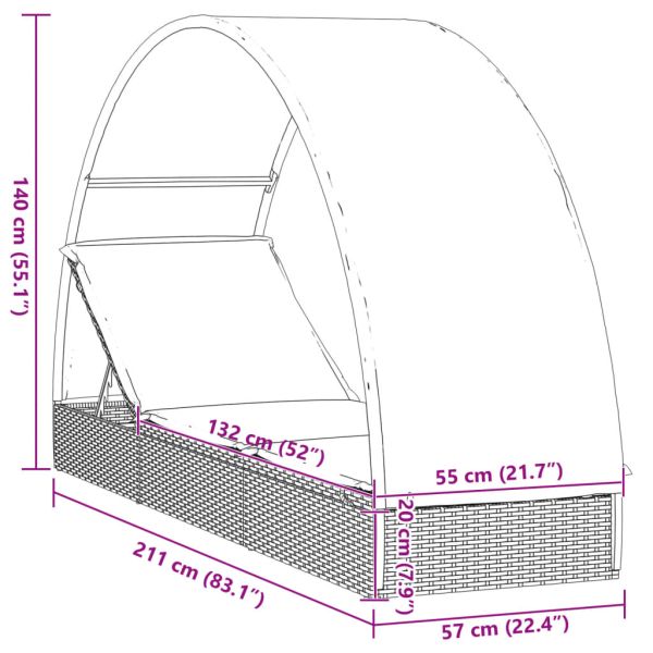 Шезлонг с объл покрив черен 211x57x140 см полиратан