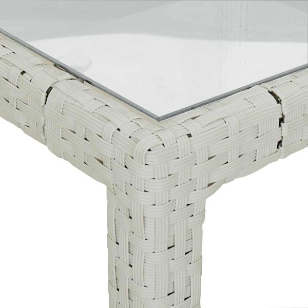 Градинска маса, 90x90x75 см, закалено стъкло и полиратан, бяла