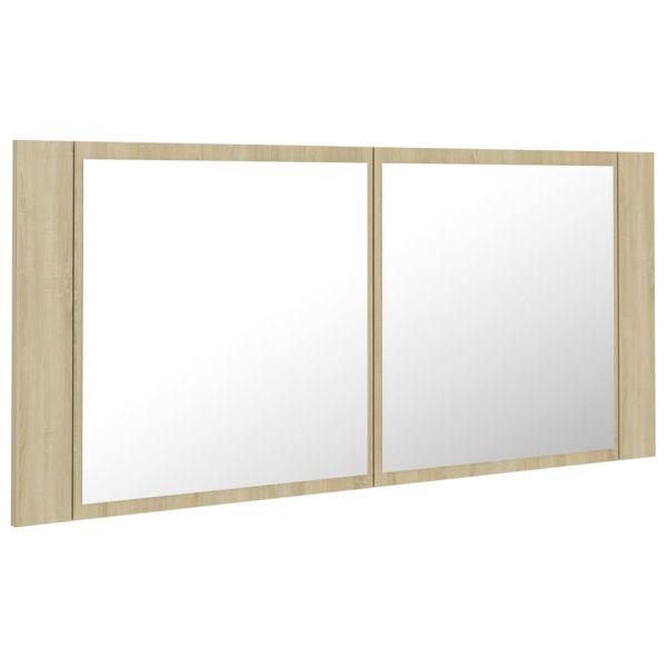 Шкаф с LED огледало за баня, дъб сонома, 100x12x45 см, акрил