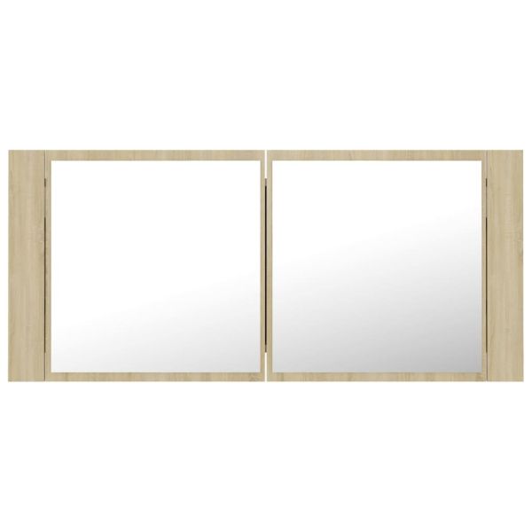 Шкаф с LED огледало за баня, дъб сонома, 100x12x45 см, акрил