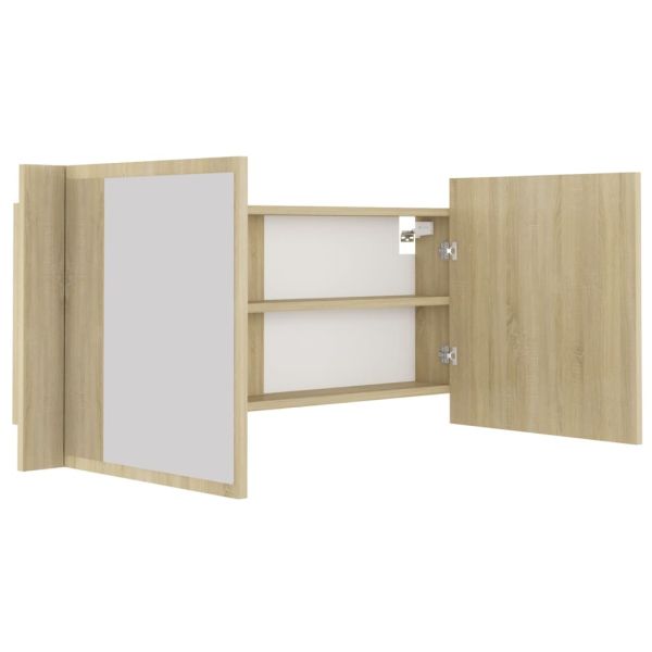 Шкаф с LED огледало за баня, дъб сонома, 100x12x45 см, акрил