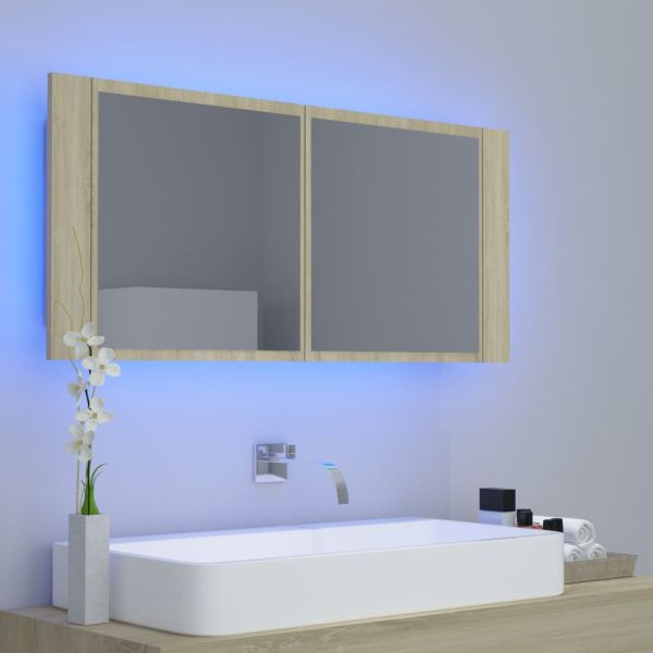 Шкаф с LED огледало за баня, дъб сонома, 100x12x45 см, акрил