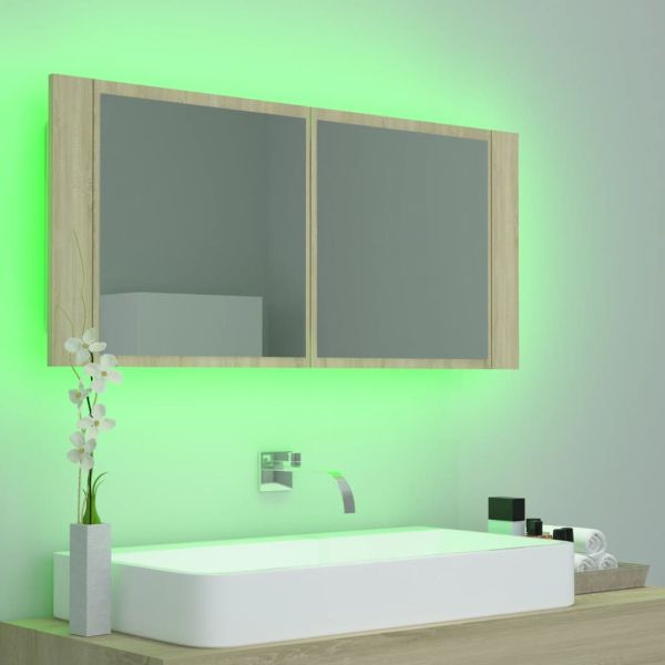 Шкаф с LED огледало за баня, дъб сонома, 100x12x45 см, акрил