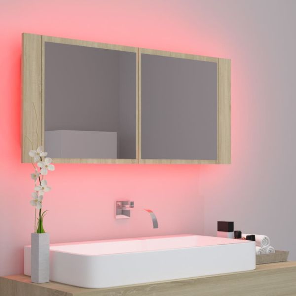 Шкаф с LED огледало за баня, дъб сонома, 100x12x45 см, акрил