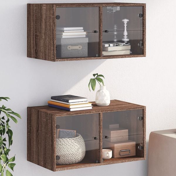 Стенни шкафове със стъклени врати 2 бр кафяв дъб 68,5x37x35 см