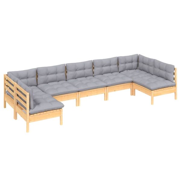 Градински комплект със сиви възглавници, 7 части, бор масив