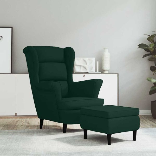 Фотьойл Wingback с табуретка, тъмнозелена, кадифе