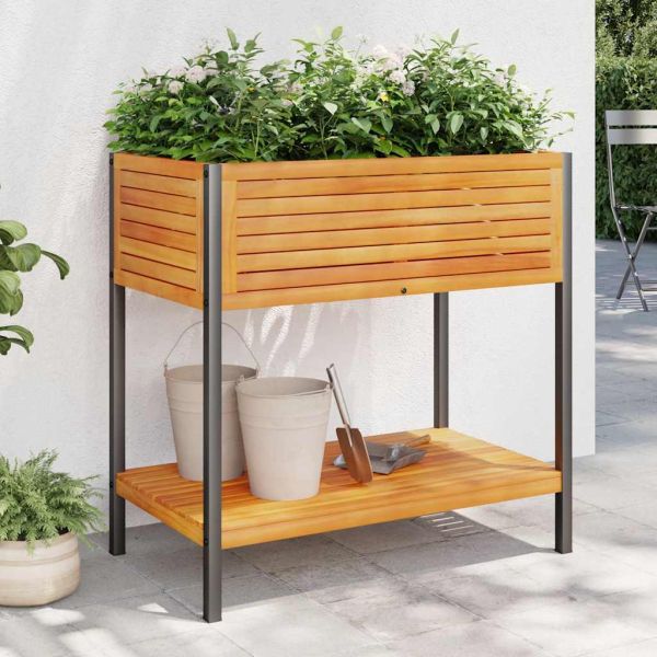 Градинска кашпа с рафт 80x45x80 см масивна акация и стомана