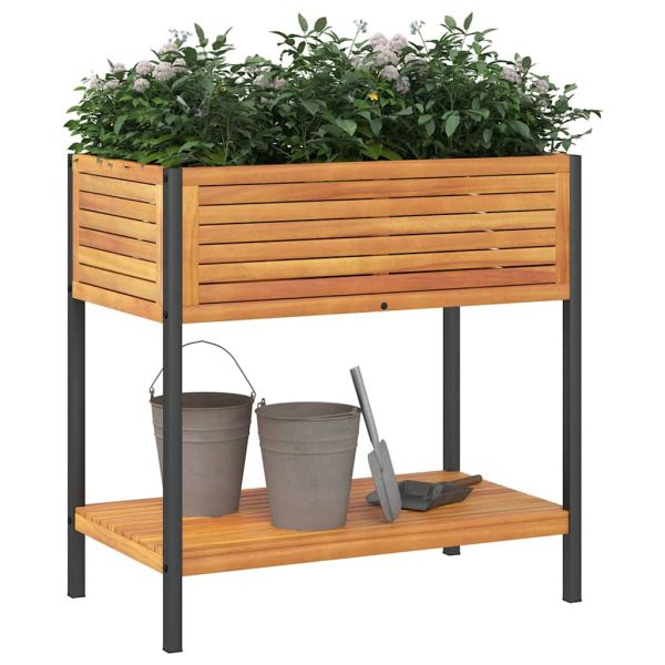 Градинска кашпа с рафт 80x45x80 см масивна акация и стомана