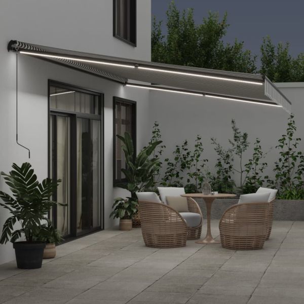 Ръчно прибираща се тента с LED, антрацит и бял, 600x350 см