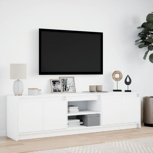ТВ шкаф с LED, бял, 180x34x50 см, инженерно дърво