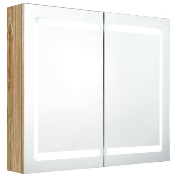 LED шкаф с огледало за баня, цвят дъб, 80x12x68 см