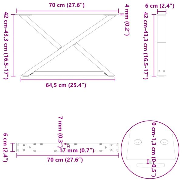 Крака за масичка за кафе, 2 бр., черни, 70 x (42-43,3) см, стомана